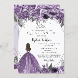 Silver Purple Floral Princess Quinceañera Invitation