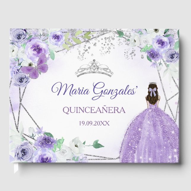 Silver & Purple Floral Quinceañera Guest Book (Front)