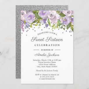 Silver Purple Floral Watercolor Sweet Sixteen Invitation