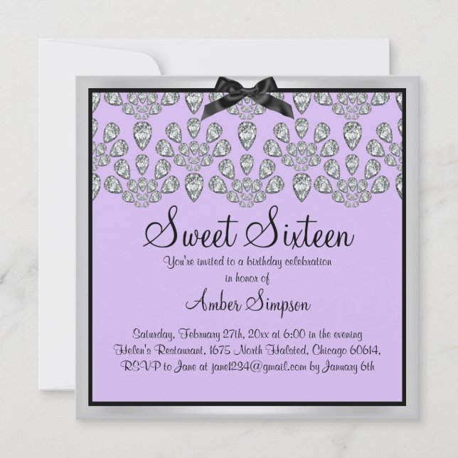Silver & Purple Forever Diamonds Sweet 16 Invite (Front)