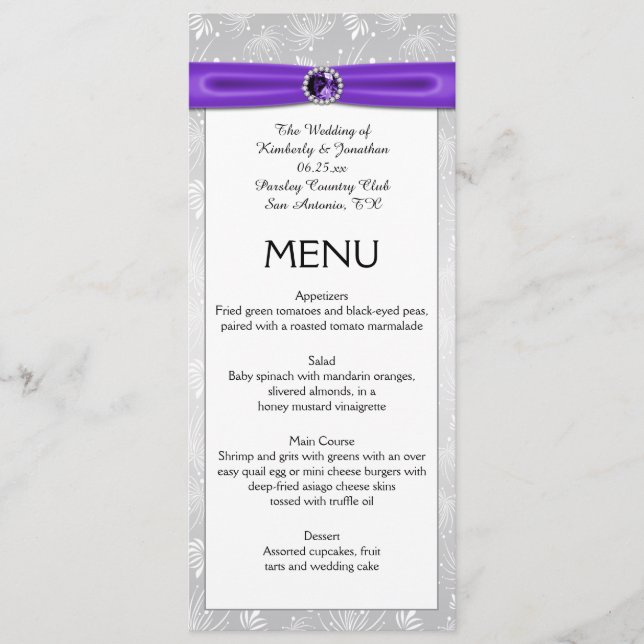 Silver Purple Gemstones Ribbons Star Bursts Menu (Front)