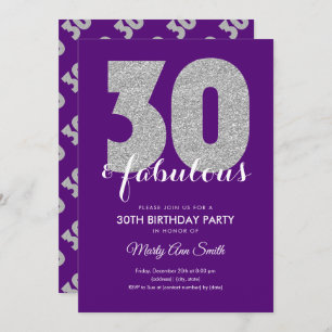 Silver Purple Glitter 30 & Fabulous Birthday Invitation