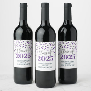 Silver Purple Glitter Class of 2025 Graduation Wine Label