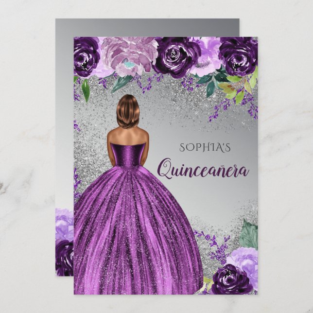 Silver Purple Glitter Dress Quinceañera Quince  In Invitation (Front/Back)