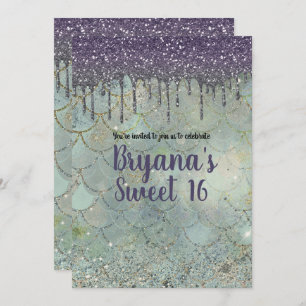 Silver Purple Glitter Drip Mermaid Sweet 16 Party Invitation
