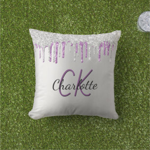 Silver purple glitter drips monogram name cushion