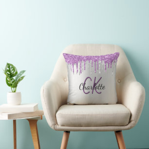 Silver purple glitter drips monogram name cushion