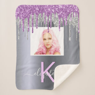 Silver purple glitter drips photo monogram name sherpa blanket
