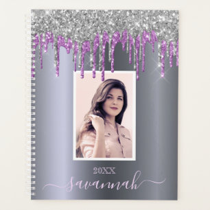 Silver purple glitter drips photo name planner