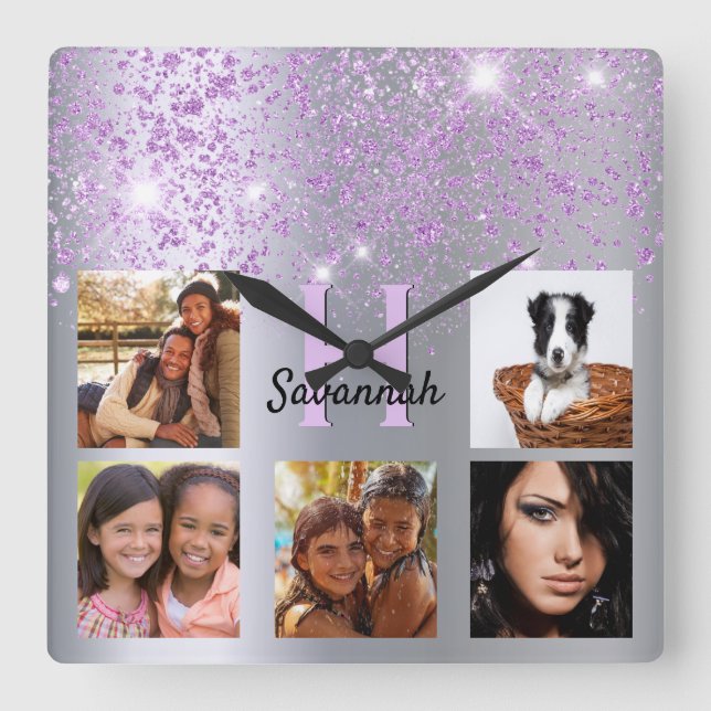 Silver purple glitter dust custom photo collage square wall clock (Front)
