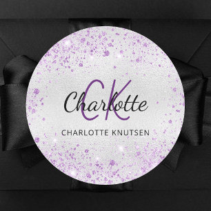Silver purple glitter dust monogram initials name classic round sticker