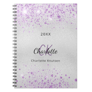 Silver purple glitter dust name monogram metal notebook
