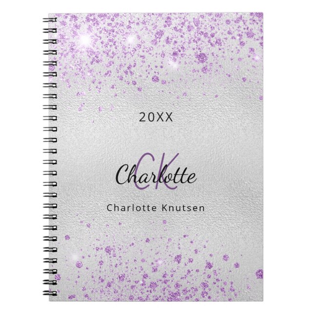 Silver purple glitter dust name monogram metal notebook (Front)