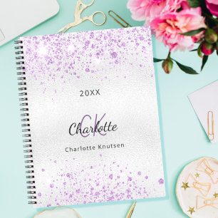 Silver purple glitter dust name monogram metal notebook