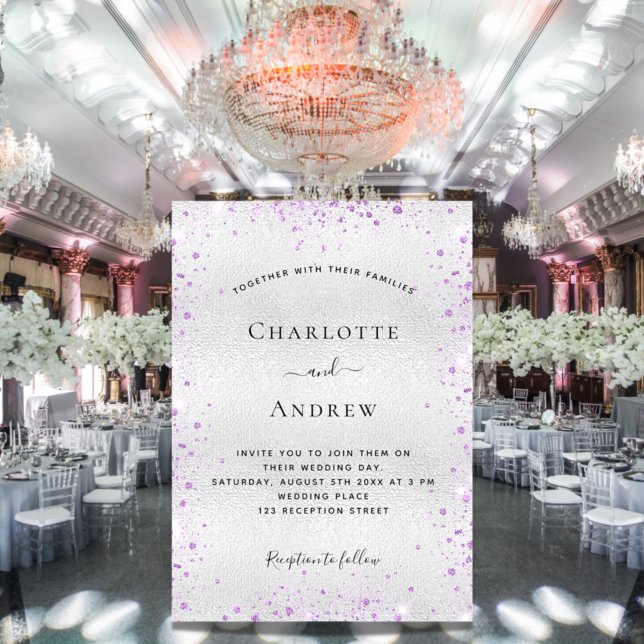 Silver purple glitter elegant wedding invitation (Creator Uploaded)