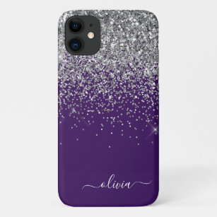Silver Purple Glitter Girly Monogram Name Case-Mate iPhone Case