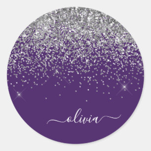 Silver Purple Glitter Girly Monogram Name Classic Round Sticker