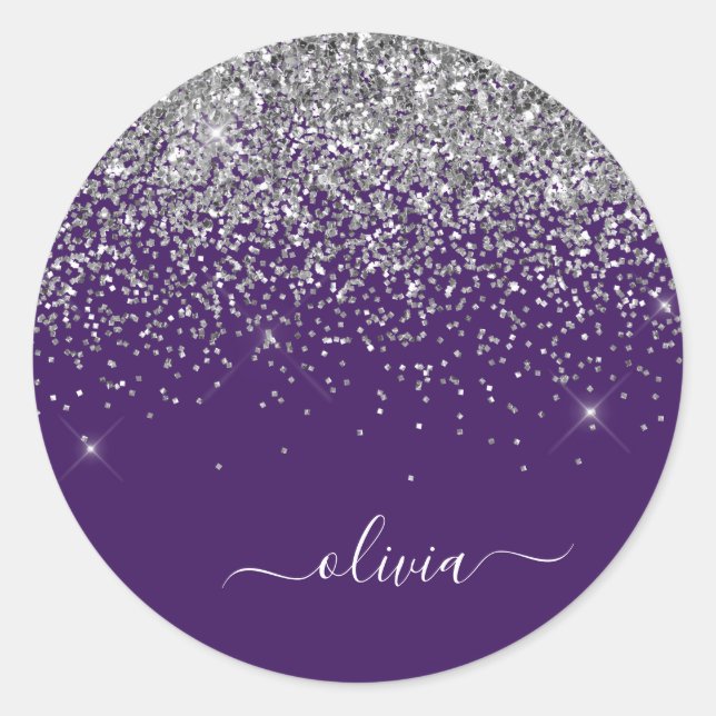 Silver Purple Glitter Girly Monogram Name Classic Round Sticker (Front)