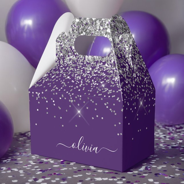 Silver Purple Glitter Girly Monogram Name Favour Box (Creator Uploaded)