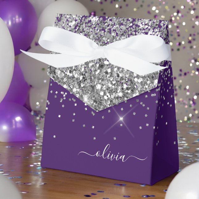 Silver Purple Glitter Girly Monogram Name Favour Box (Creator Uploaded)