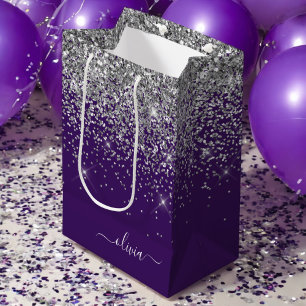 Silver Purple Glitter Girly Monogram Name Medium Gift Bag