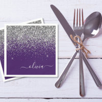 Silver Purple Glitter Girly Monogram Name