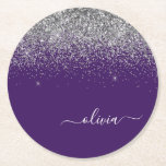 Silver Purple Glitter Girly Monogram Name Round Paper Coaster<br><div class="desc">Purple and Silver Sparkle Glitter Script Monogram Name Paper Coasters. This makes the perfect graduation,  birthday,  wedding,  bridal shower,  anniversary,  baby shower or bachelorette party gift for someone that loves glam luxury and chic styles.</div>