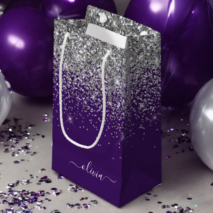 Silver Purple Glitter Girly Monogram Name Small Gift Bag