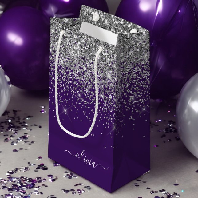 Silver Purple Glitter Girly Monogram Name Small Gift Bag (Creator Uploaded)