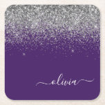 Silver Purple Glitter Girly Monogram Name Square Paper Coaster<br><div class="desc">Purple and Silver Sparkle Glitter Script Monogram Name Paper Coasters. This makes the perfect graduation,  birthday,  wedding,  bridal shower,  anniversary,  baby shower or bachelorette party gift for someone that loves glam luxury and chic styles.</div>