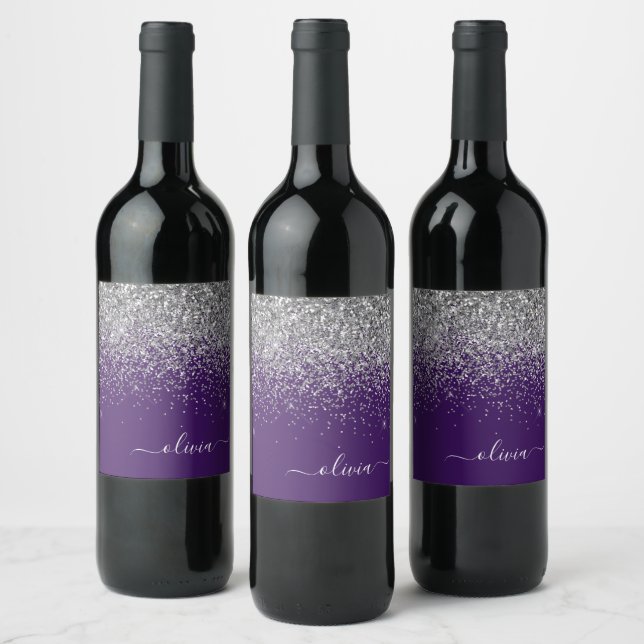 Silver Purple Glitter Girly Monogram Name Wine Label (Bottles)