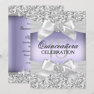 Silver Purple Glitter Jewel Bow Quinceanera Invitation