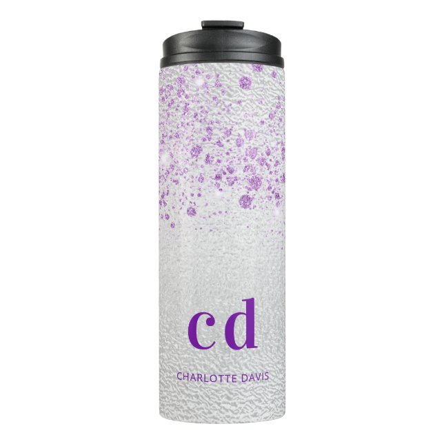 Silver purple glitter monogram initials thermal tumbler (Front)