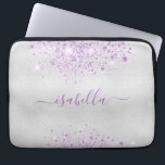 Silver purple glitter name script laptop sleeve<br><div class="desc">A classic faux silver metallic looking background. Decorted with purple coloured glitter dust. Personalise and add your name. The name is written with a modern hand lettered style script with swashes. To keep the swashes only delete the sample name, leave the spaces or emoji's in front and after the name....</div>