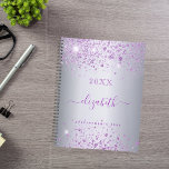 Silver purple glitter name script planner<br><div class="desc">A faux silver looking background decorated with purple faux glitter.  Personalise and add your name. The name is written with a modern hand lettered style script with swashes. 
To keep the swashes only delete the sample name,  leave the spaces or emoji's in front and after the name.</div>