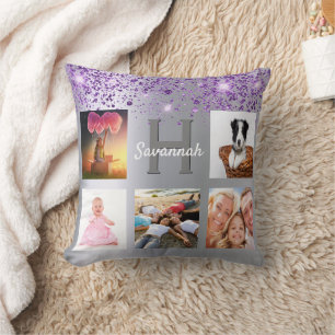 Silver purple glitter photo collage name cushion
