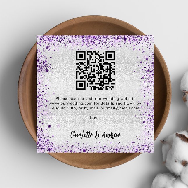 Silver purple glitter QR code wedding RSVP Enclosure Card (Creator Uploaded)