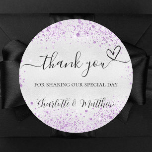 Silver purple glitter sparkles thank you wedding classic round sticker