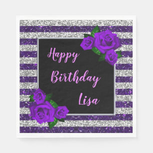 Silver Purple Glitter Stripes Purple Rose Birthday Napkin