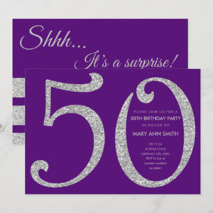 Silver Purple Glitter Surprise 50th Birthday Party Invitation