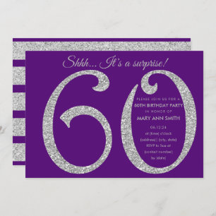 Silver Purple Glitter Surprise 60th Birthday Party Invitation