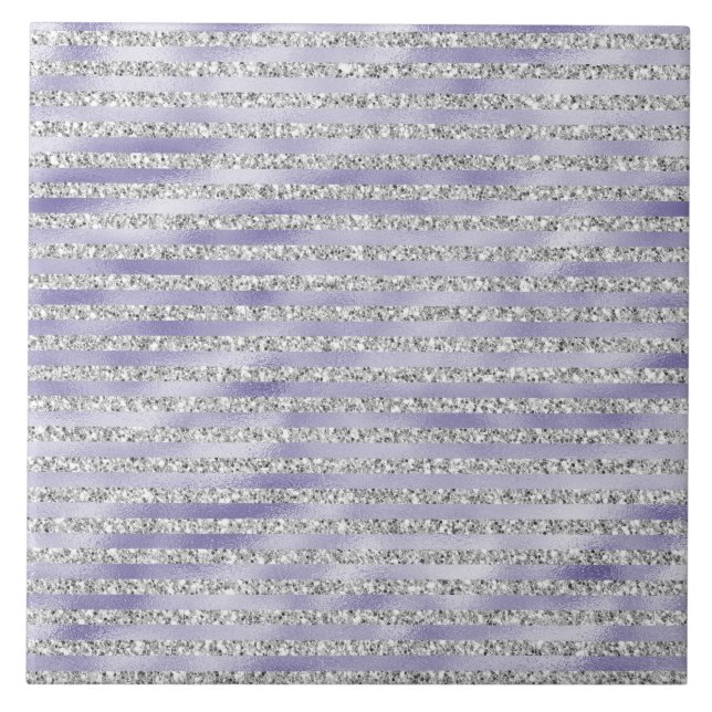 Silver Purple Glitzy Glitter Stripes Ceramic Tile (Front)