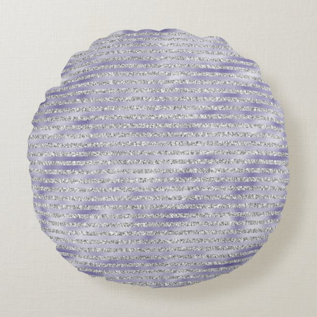 Silver Purple Glitzy Glitter Stripes Round Cushion (Front)
