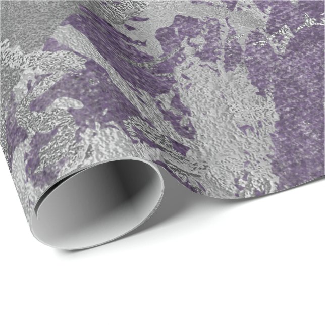 Silver Purple Grey Marble Shiny Metallic Strokes Wrapping Paper (Roll Corner)