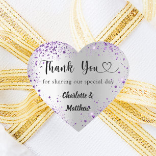Silver purple heart thank you wedding heart sticker