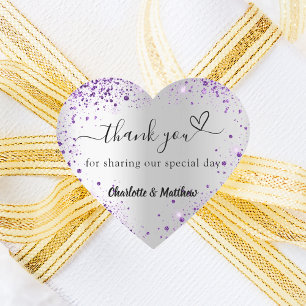 Silver purple heart thank you wedding sticker