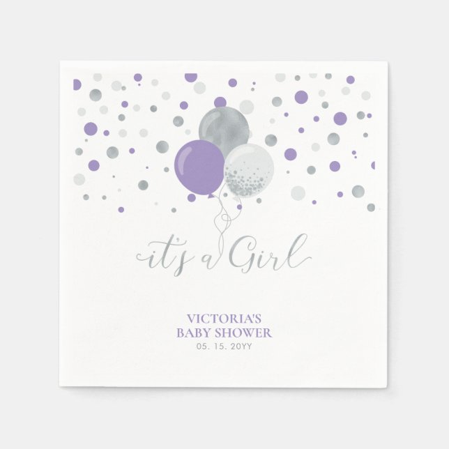 Silver & Purple It's a Girl Baby Shower Napkins (Front)
