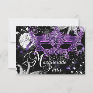 Silver Purple Mask Star Night Masquerade RSVP Card