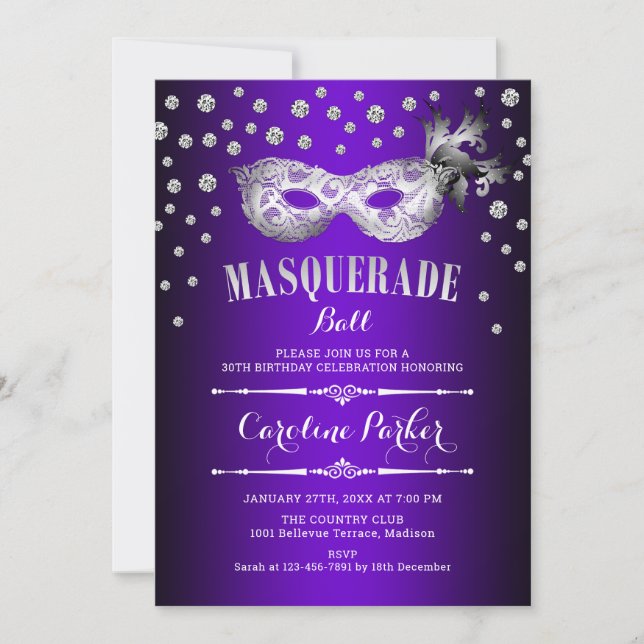 Silver Purple Masquerade Ball Birthday Party Invitation (Front)