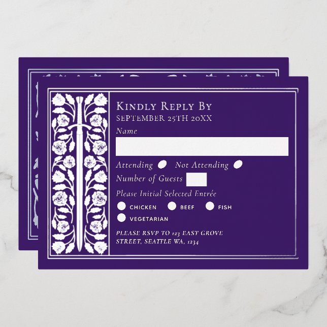 Silver Purple Mediaeval Sword Wedding RSVP (Front/Back)